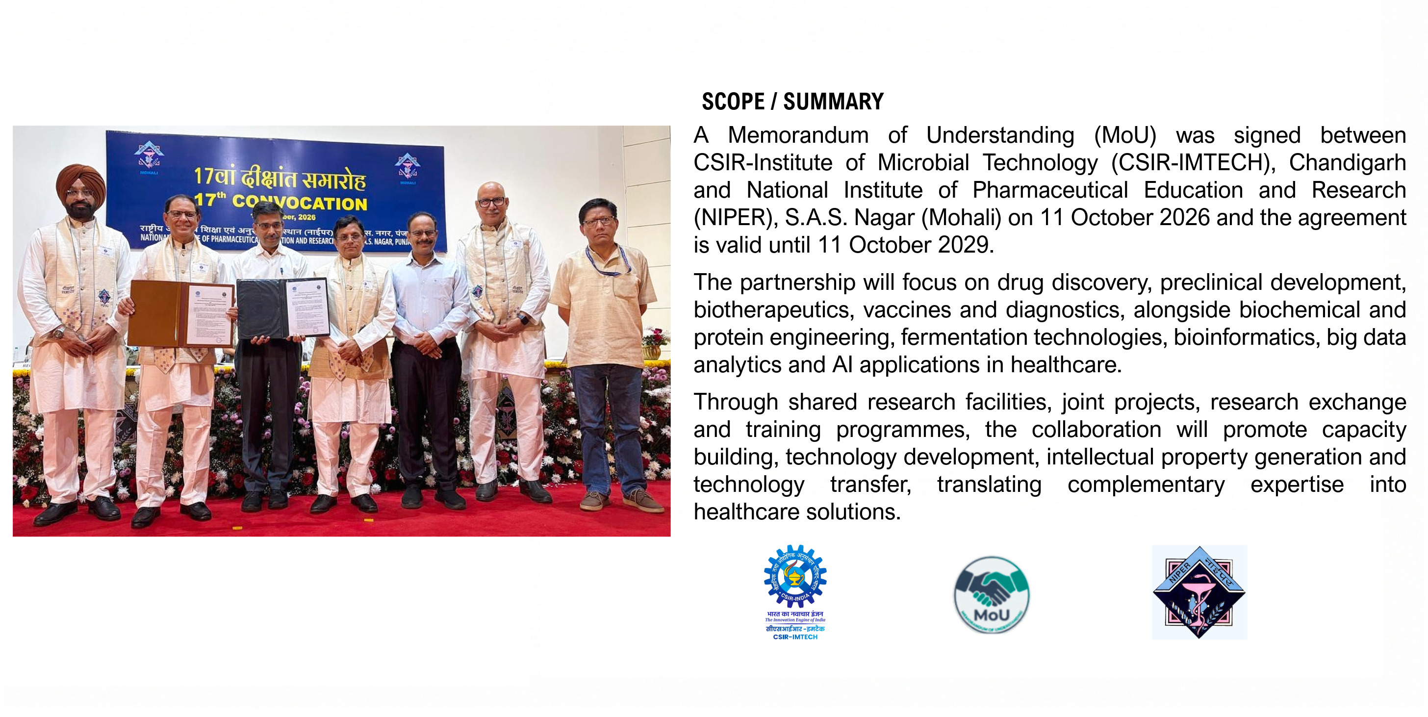 MOU signing with National Institute of Pharmaceutical Education and Research (NIPER),S.A.S. Nagar (Mohali)